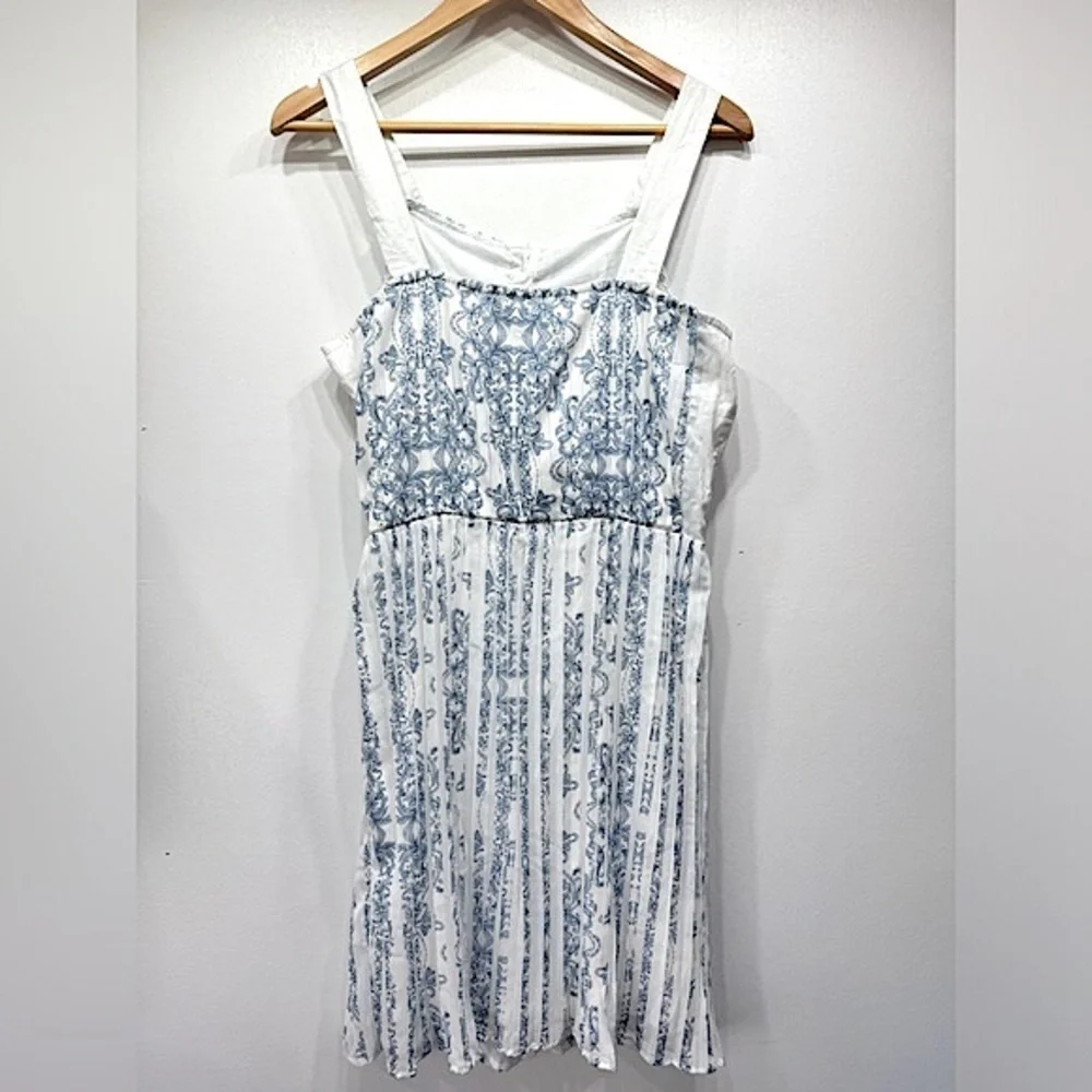 Blue & Ivory Pleated Plisse Skirt Dress KAS ModCloth Cottagecore Boho Milkmaid